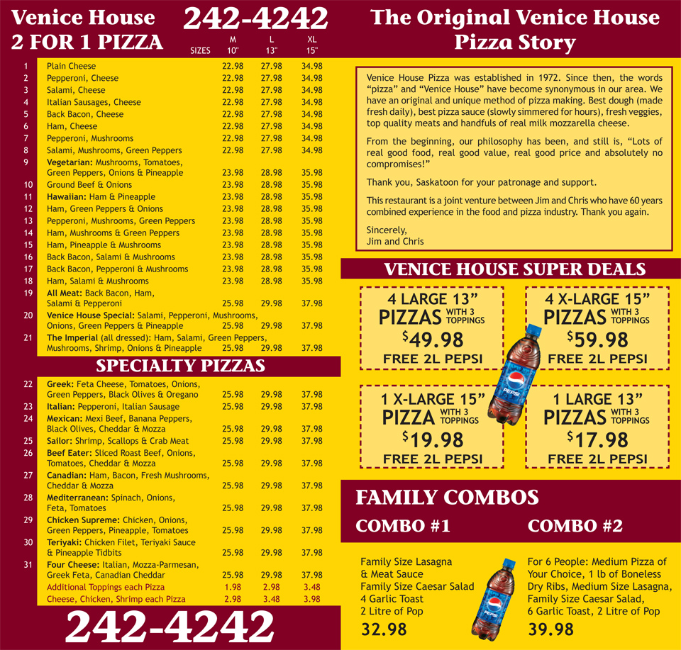 Venice House Pizza Menu